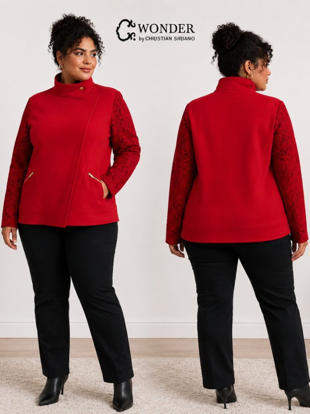 C. Wonder by Christian Siriano Red Lace Sleeve Asymmetrical Zip Jacket Large